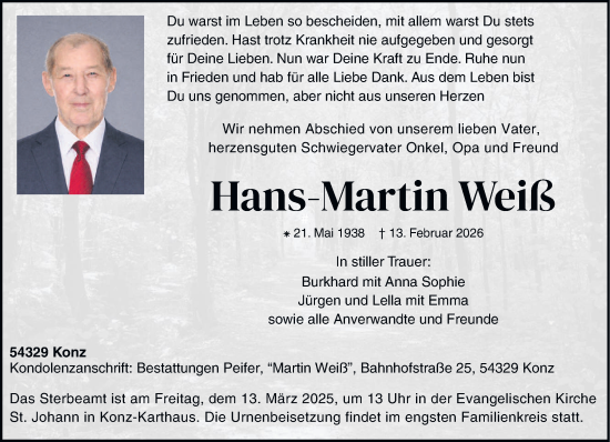 Traueranzeige von Hans-Martin Weiß von trierischer_volksfreund