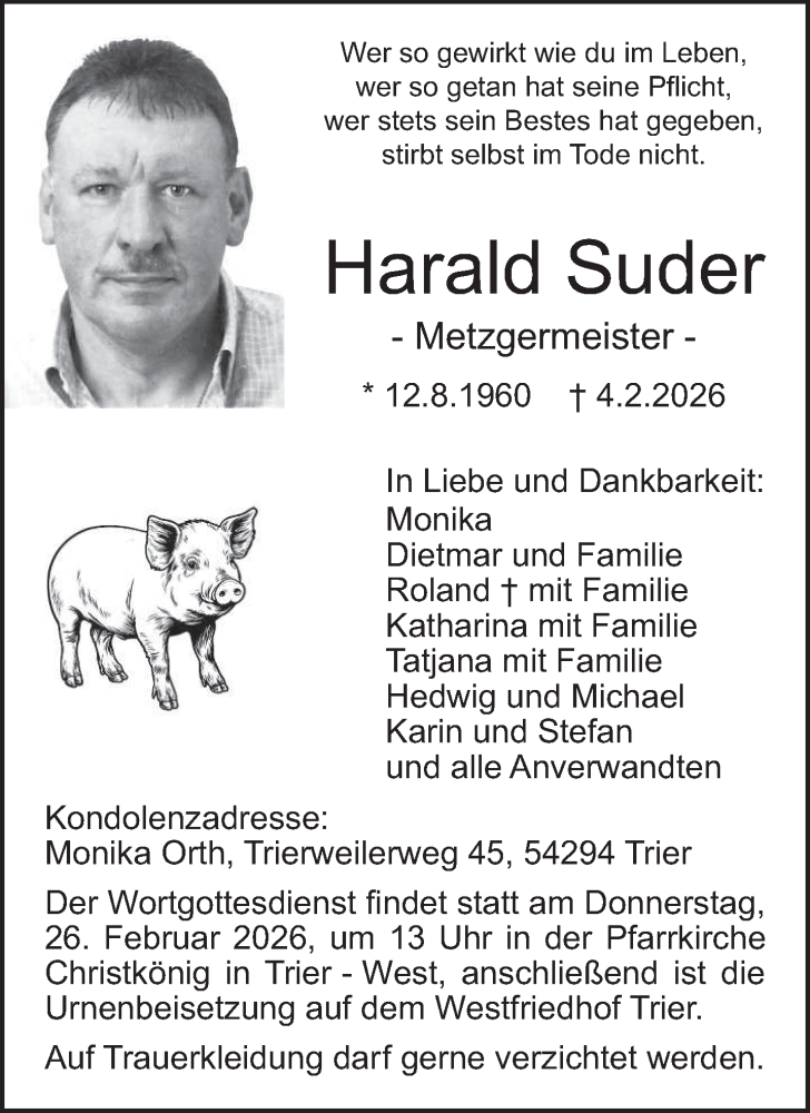  Traueranzeige für Harald Suder vom 21.02.2026 aus trierischer_volksfreund