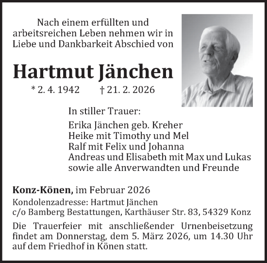 Traueranzeige von Hartmut Jänchen von trierischer_volksfreund