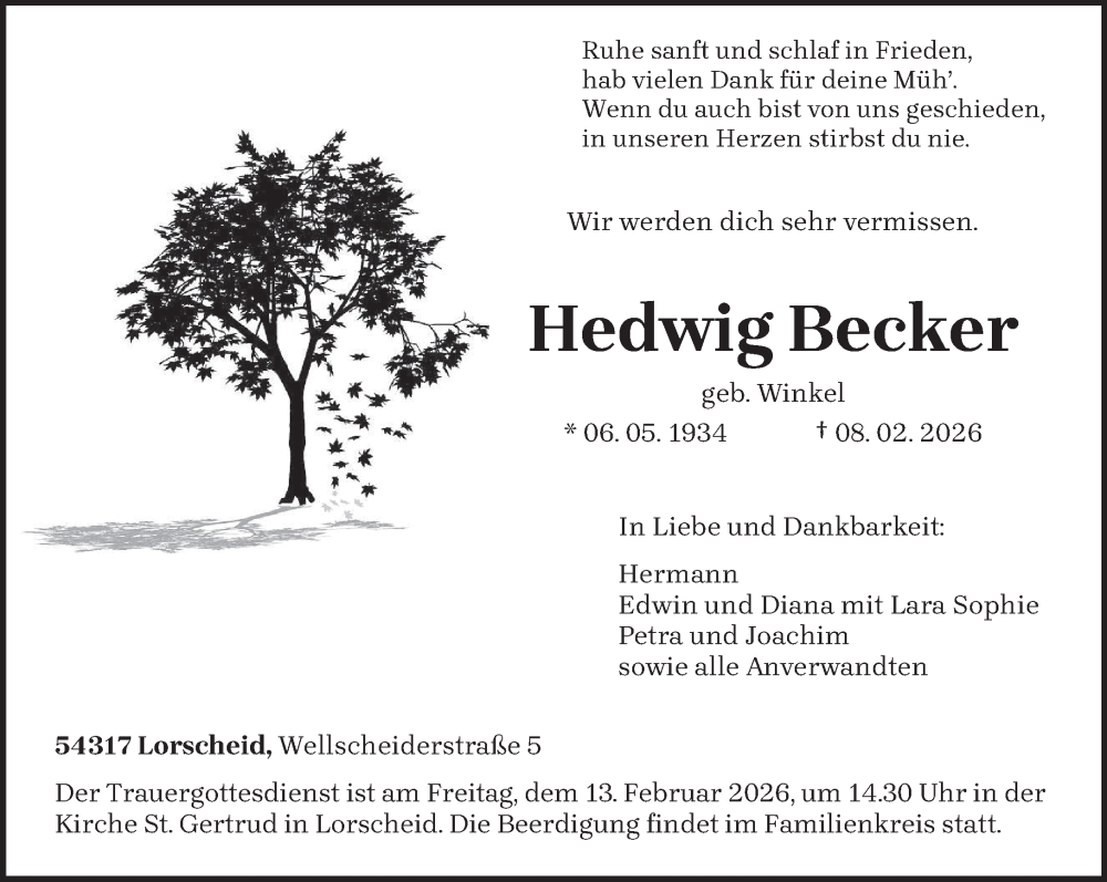  Traueranzeige für Hedwig Becker vom 11.02.2026 aus trierischer_volksfreund