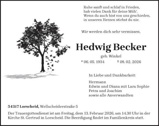 Traueranzeige von Hedwig Becker von trierischer_volksfreund