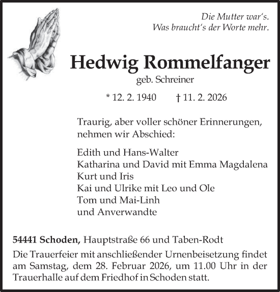 Traueranzeige von Hedwig Rommelfanger von trierischer_volksfreund