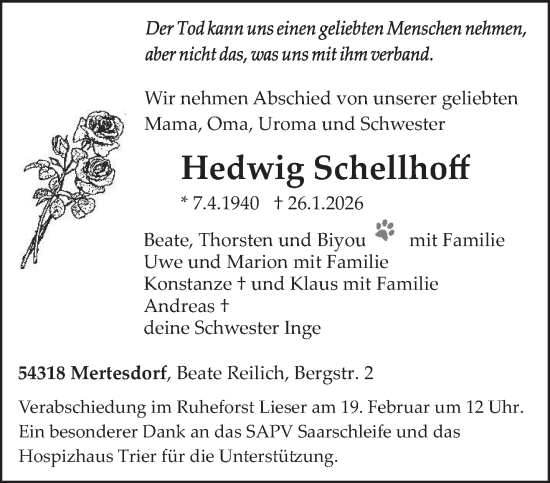 Traueranzeige von Hedwig Schellhoff von trierischer_volksfreund