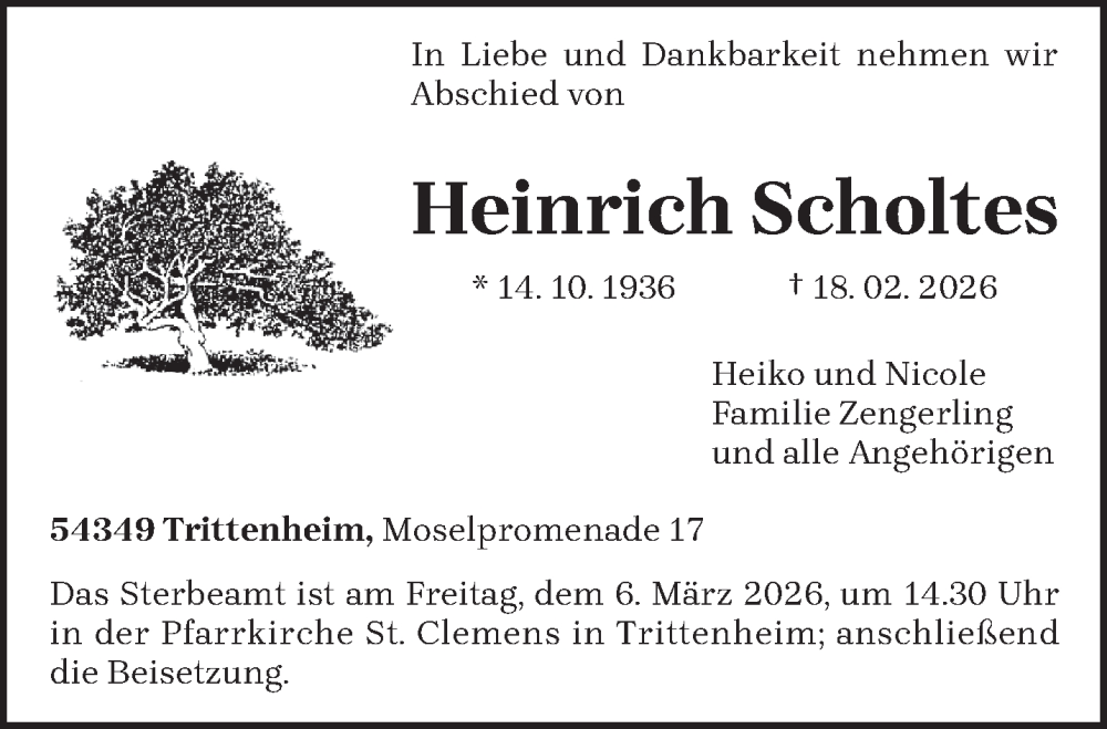  Traueranzeige für Heinrich Scholtes vom 28.02.2026 aus trierischer_volksfreund