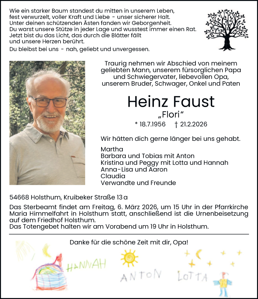  Traueranzeige für Heinz Faust vom 28.02.2026 aus trierischer_volksfreund