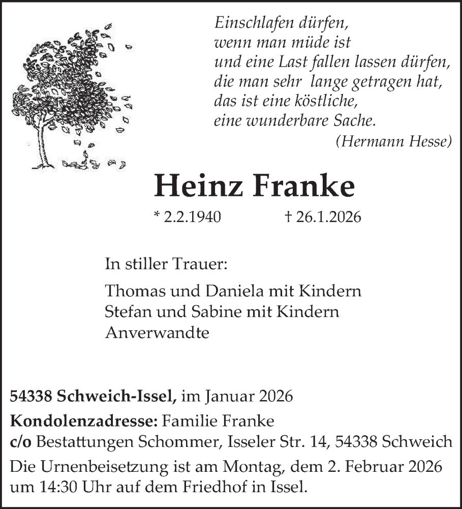  Traueranzeige für Heinz Franke vom 31.01.2026 aus trierischer_volksfreund