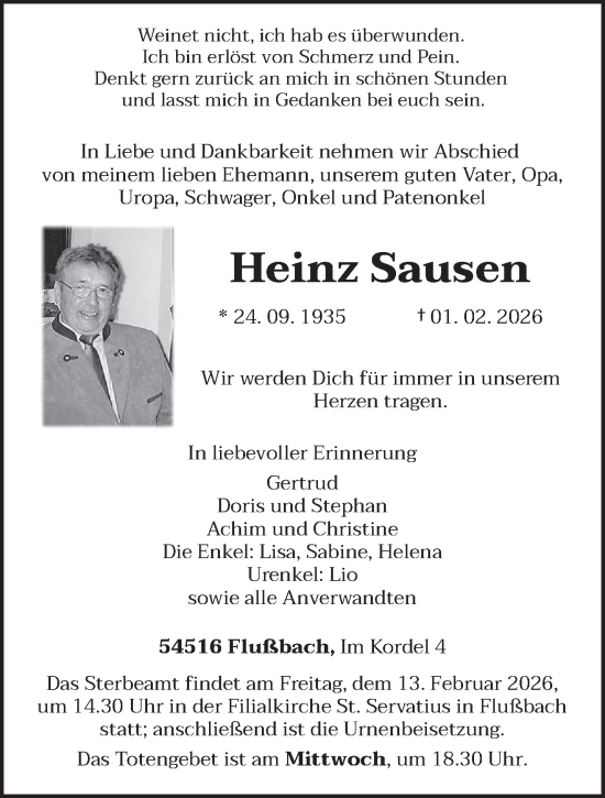 Traueranzeige von Heinz Sausen von trierischer_volksfreund