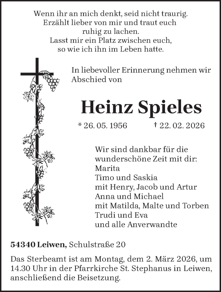  Traueranzeige für Heinz Spieles vom 28.02.2026 aus trierischer_volksfreund