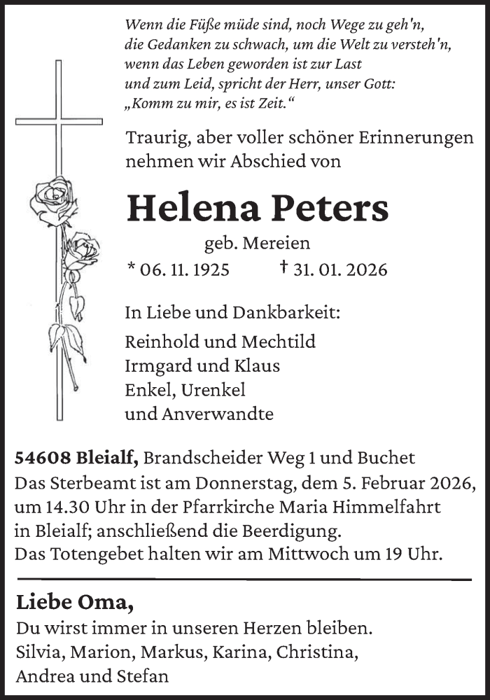  Traueranzeige für Helena Peters vom 03.02.2026 aus trierischer_volksfreund
