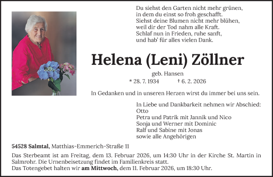 Traueranzeige von Helena Zöllner von trierischer_volksfreund