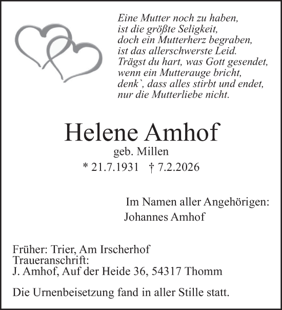 Traueranzeige von Helene Amhof von trierischer_volksfreund