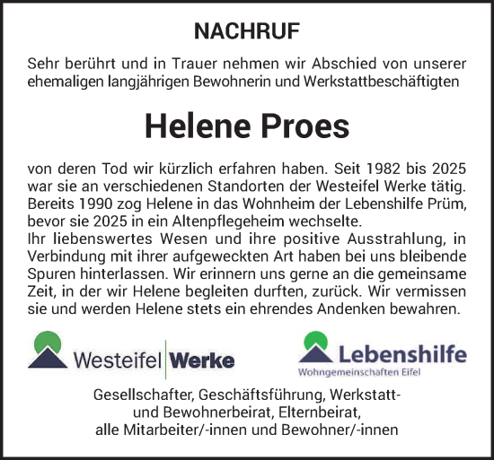 Traueranzeige von Helene Proes von trierischer_volksfreund
