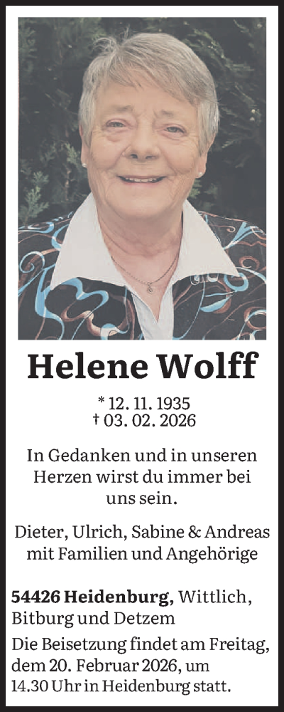 Traueranzeige von Helene Wolff von trierischer_volksfreund