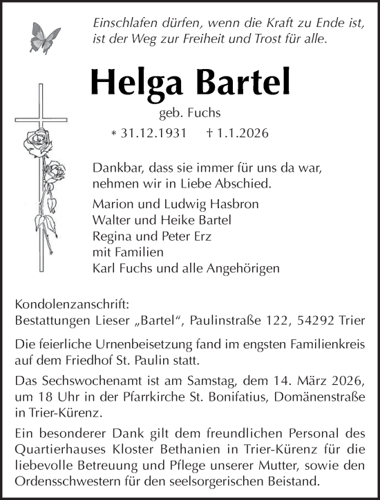Traueranzeige von Helga Bartel von trierischer_volksfreund