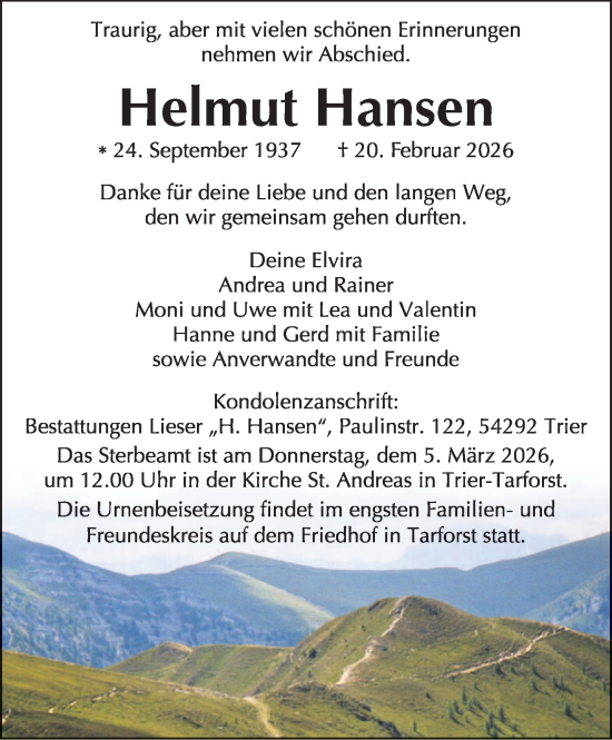 Traueranzeige von Helmut Hansen von trierischer_volksfreund