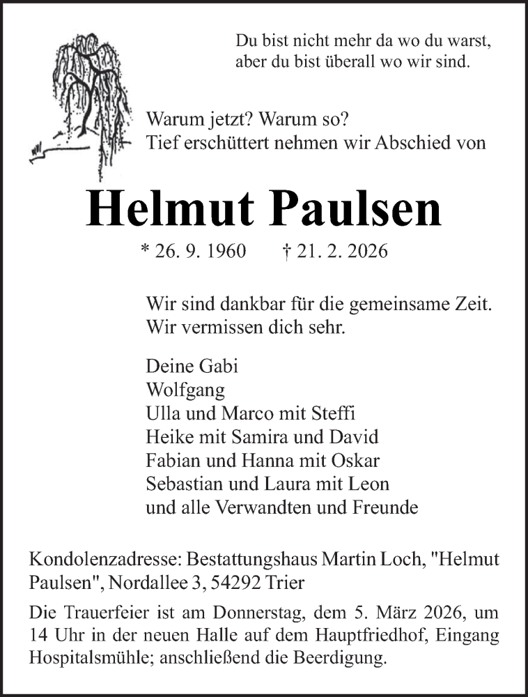  Traueranzeige für Helmut Paulsen vom 28.02.2026 aus trierischer_volksfreund