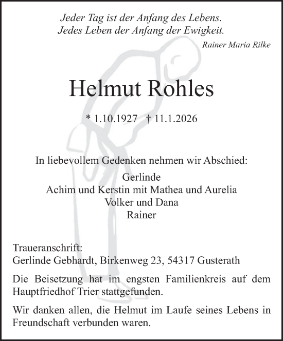 Traueranzeige von Helmut Rohles von trierischer_volksfreund