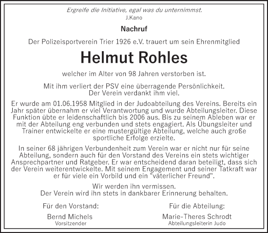 Traueranzeige von Helmut Rohles von trierischer_volksfreund