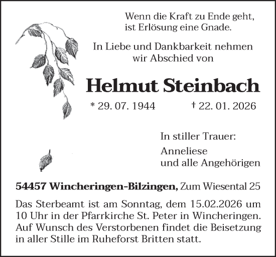 Traueranzeige von Helmut Steinbach von trierischer_volksfreund