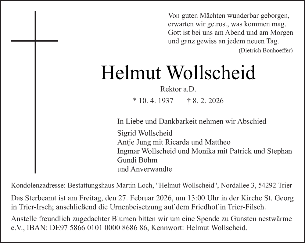 Traueranzeige für Helmut Wollscheid vom 21.02.2026 aus trierischer_volksfreund