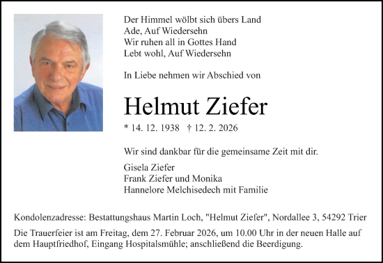 Traueranzeige von Helmut Ziefer von trierischer_volksfreund