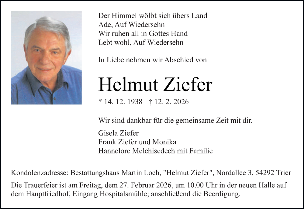  Traueranzeige für Helmut Ziefer vom 21.02.2026 aus trierischer_volksfreund