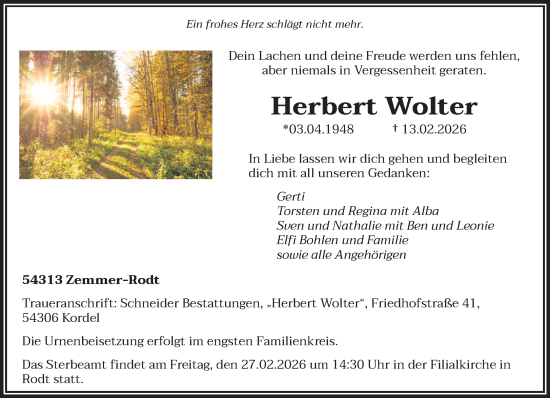 Traueranzeige von Herbert Wolter von trierischer_volksfreund