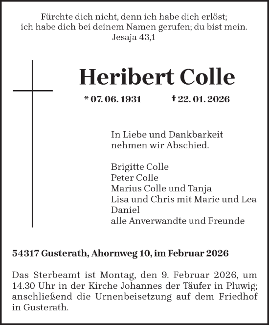 Traueranzeige von Heribert Colle von trierischer_volksfreund