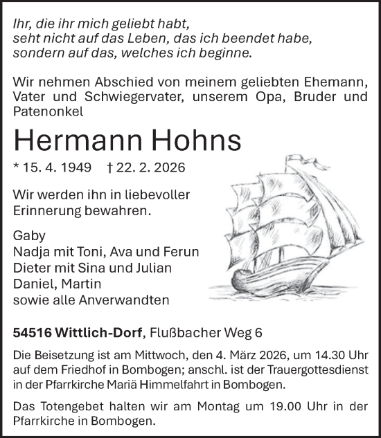 Traueranzeige von Hermann Hohns von trierischer_volksfreund