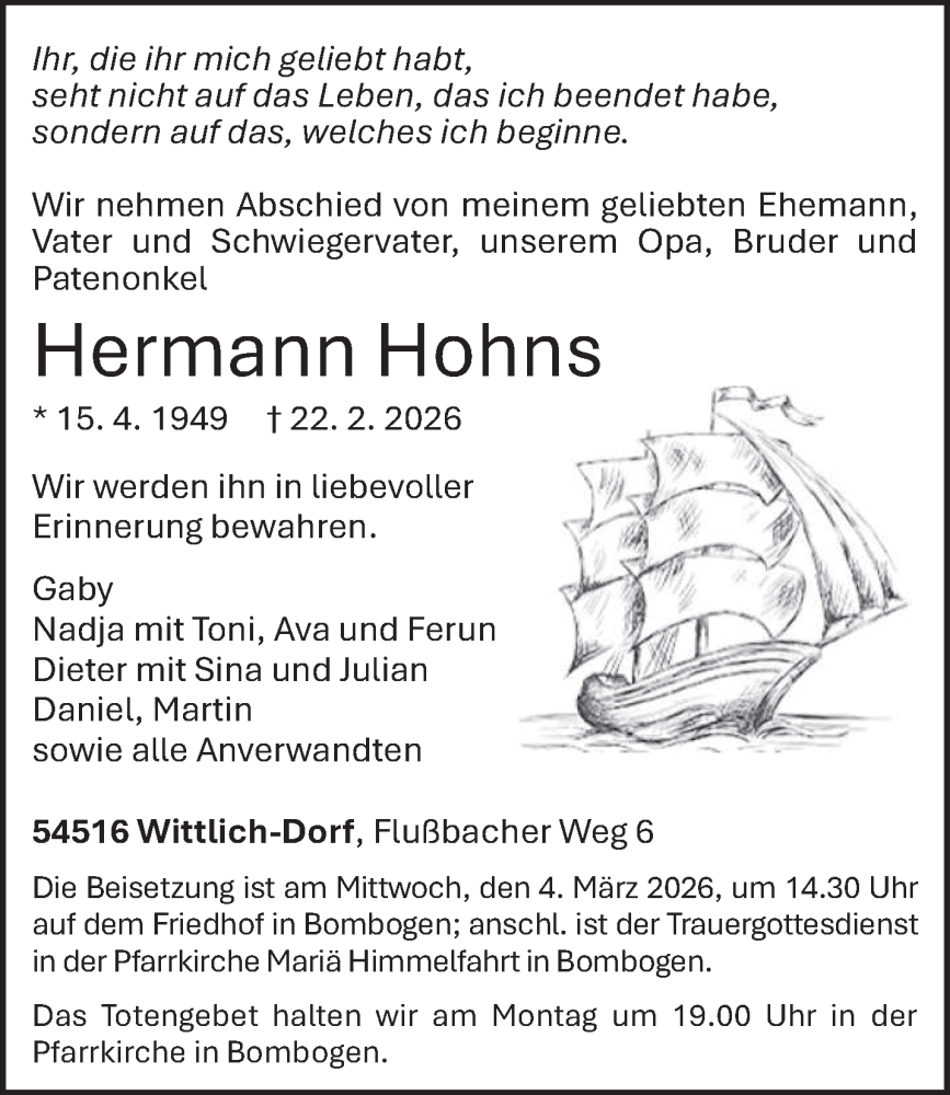  Traueranzeige für Hermann Hohns vom 28.02.2026 aus trierischer_volksfreund