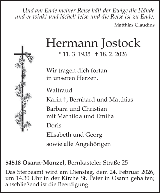 Traueranzeige von Hermann Jostock von trierischer_volksfreund