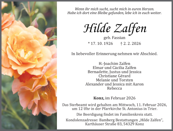Traueranzeige von Hilde Zalfen von trierischer_volksfreund