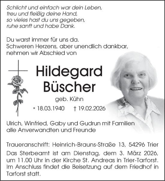 Traueranzeige von Hildegard Büscher von trierischer_volksfreund