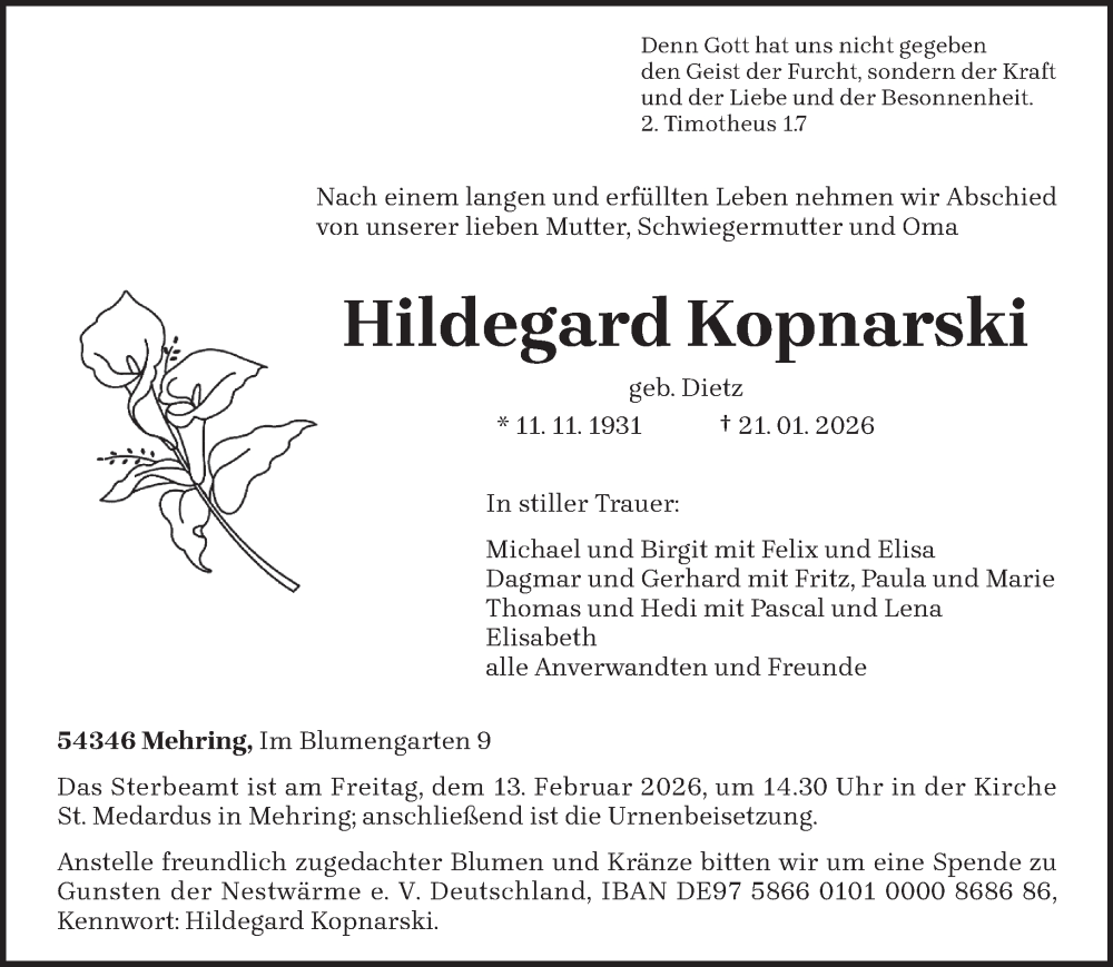  Traueranzeige für Hildegard Kopnarski vom 07.02.2026 aus trierischer_volksfreund