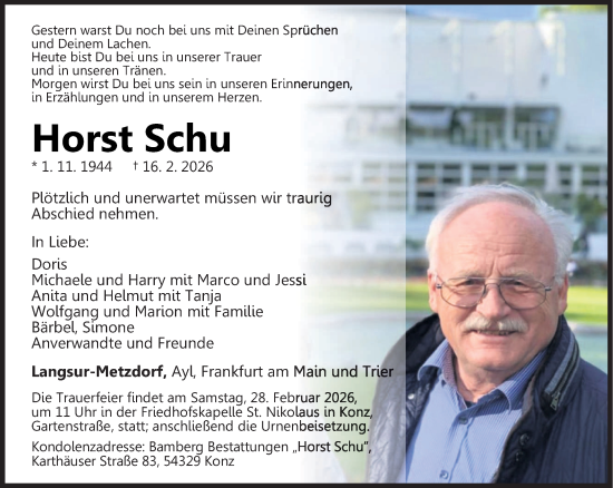 Traueranzeige von Horst Schu von trierischer_volksfreund