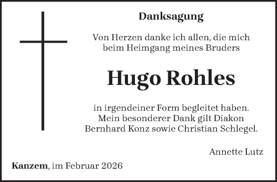 Traueranzeige von Hugo Rohles von trierischer_volksfreund