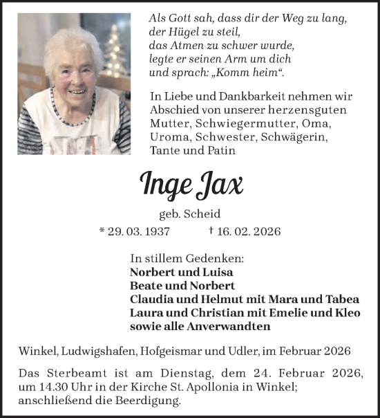 Traueranzeige von Inge Jax von trierischer_volksfreund