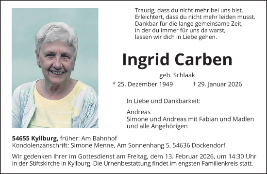 Traueranzeige von Ingrid Carben von trierischer_volksfreund