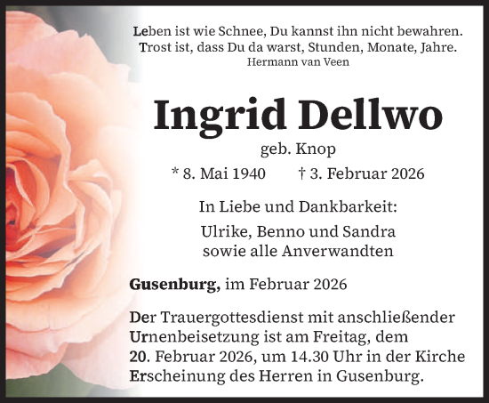 Traueranzeige von Ingrid Dellwo von trierischer_volksfreund