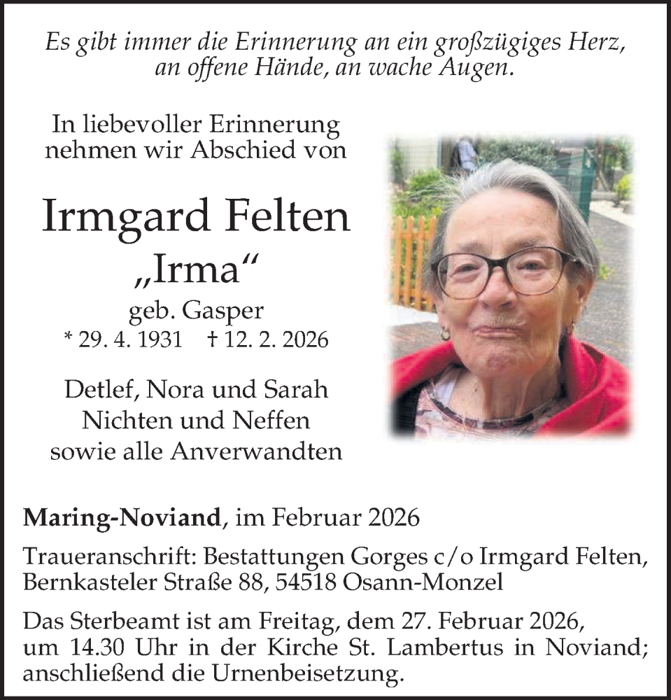  Traueranzeige für Irmgard Felten vom 18.02.2026 aus trierischer_volksfreund