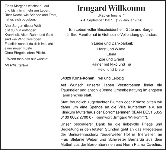 Traueranzeige von Irmgard Willkomm von trierischer_volksfreund
