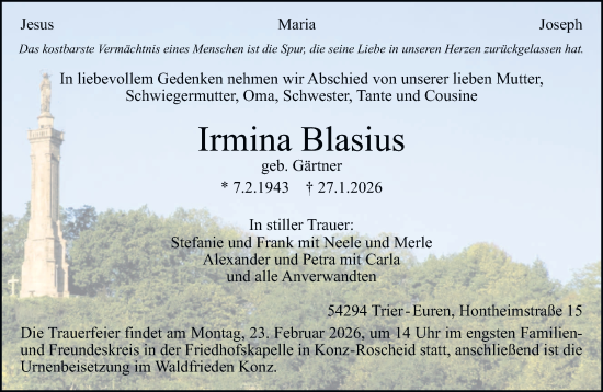 Traueranzeige von Irmina Blasius von trierischer_volksfreund