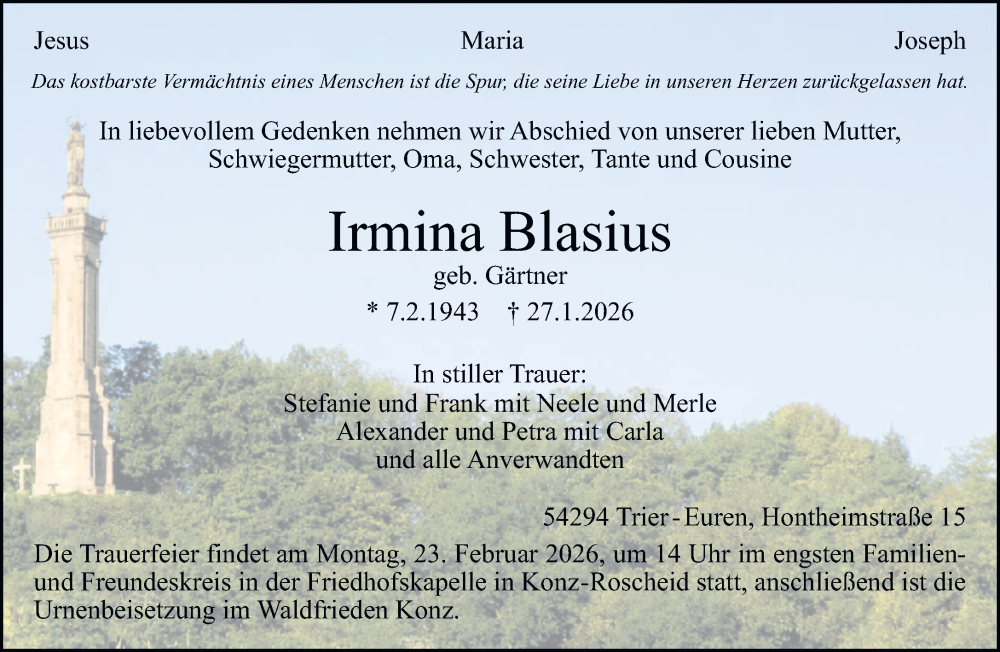  Traueranzeige für Irmina Blasius vom 07.02.2026 aus trierischer_volksfreund