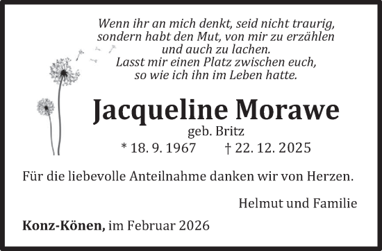 Traueranzeige von Jacqueline Morawe von trierischer_volksfreund