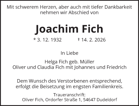 Traueranzeige von Joachim Fich von trierischer_volksfreund