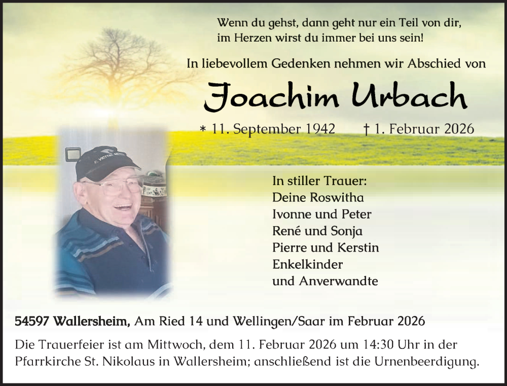  Traueranzeige für Joachim Urbach vom 07.02.2026 aus trierischer_volksfreund