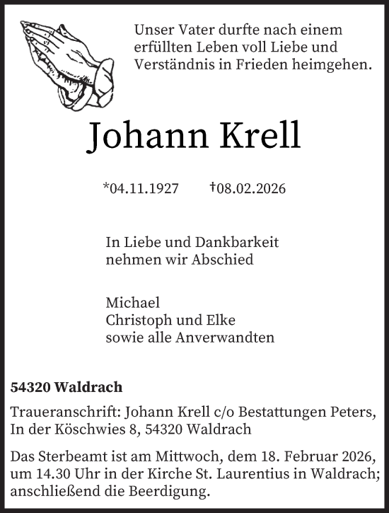 Traueranzeige von Johann Krell von trierischer_volksfreund