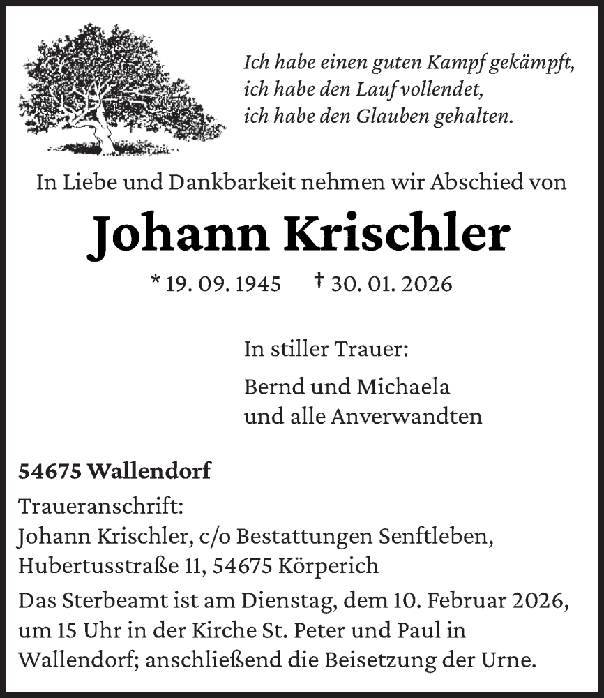  Traueranzeige für Johann Krischler vom 05.02.2026 aus trierischer_volksfreund