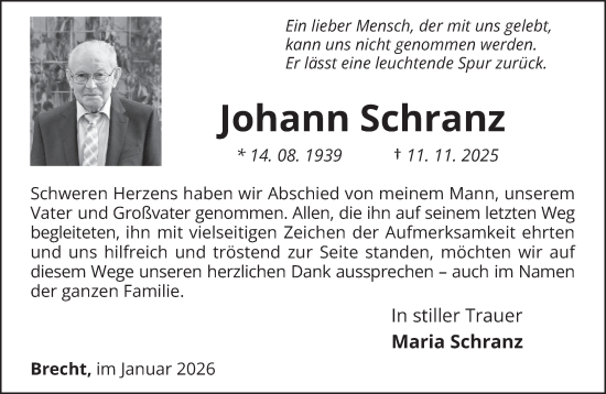 Traueranzeige von Johann Schranz von trierischer_volksfreund