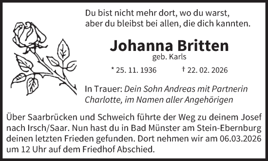 Traueranzeige von Johanna Britten von trierischer_volksfreund